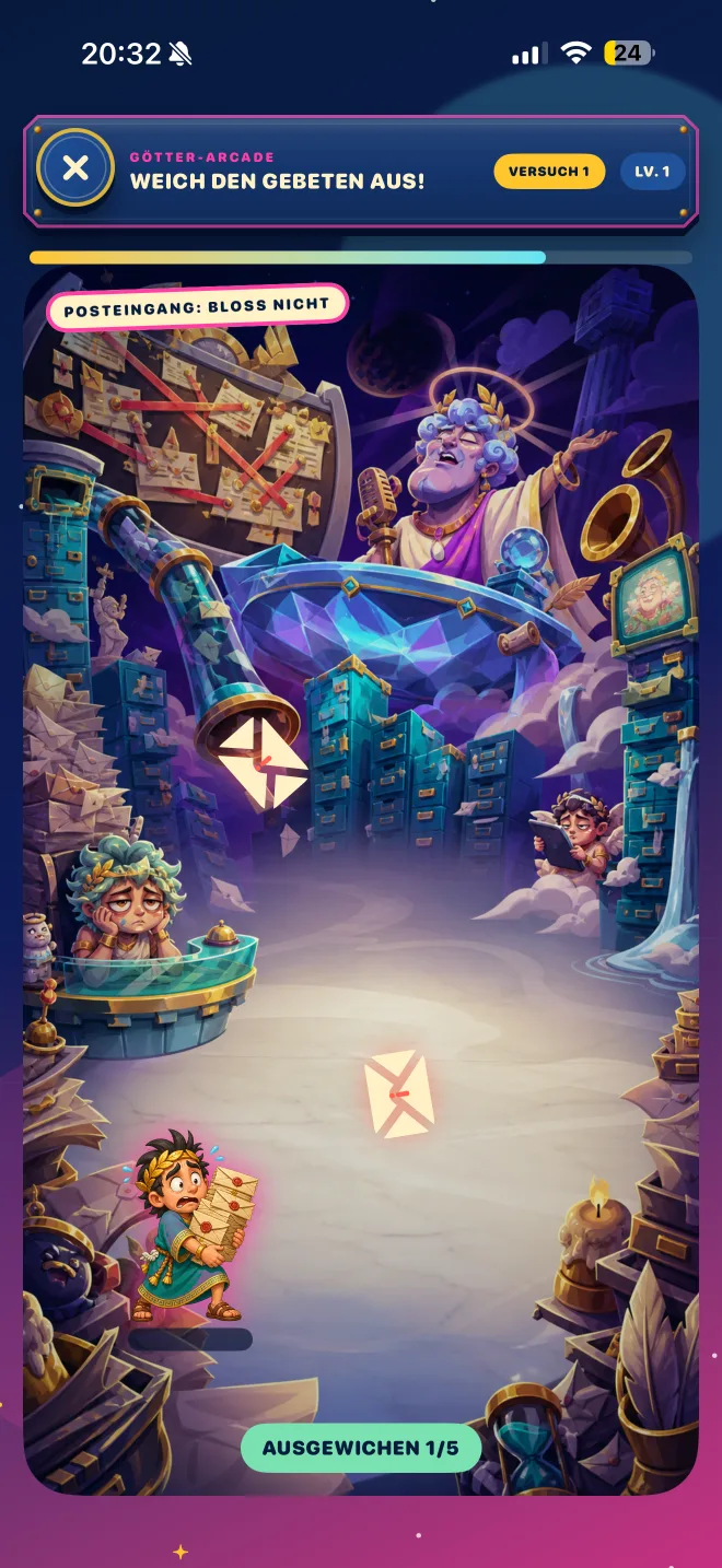 Tiny Gods microgame about dodging incoming prayer letters
