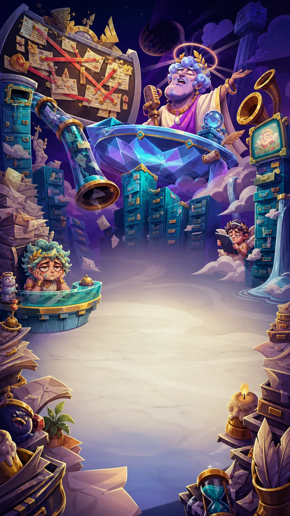 The chaotic Divine Back Office world in Tiny Gods